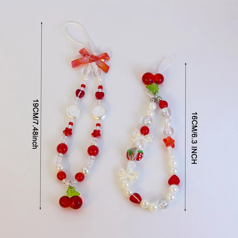 Trendy Red Cherry Bowknot Pearl Phone Charm Bracelet Keychain Strap