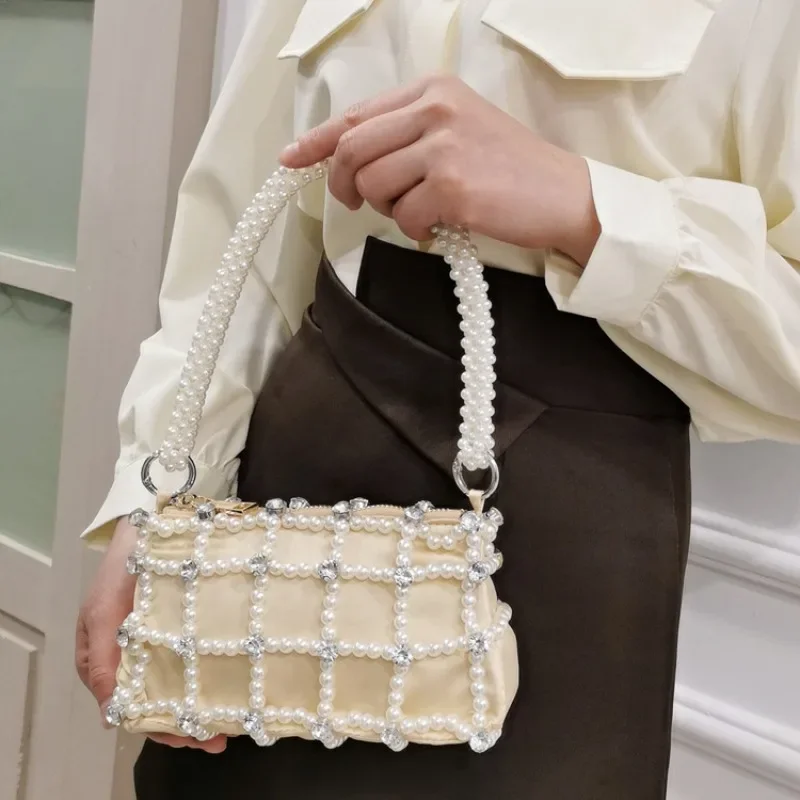 

New Fashion Texture Handmade Banquet Evening Bag Retro Woven Pearl Women's Bags Customized Lining with Diamond Ladies Handbag