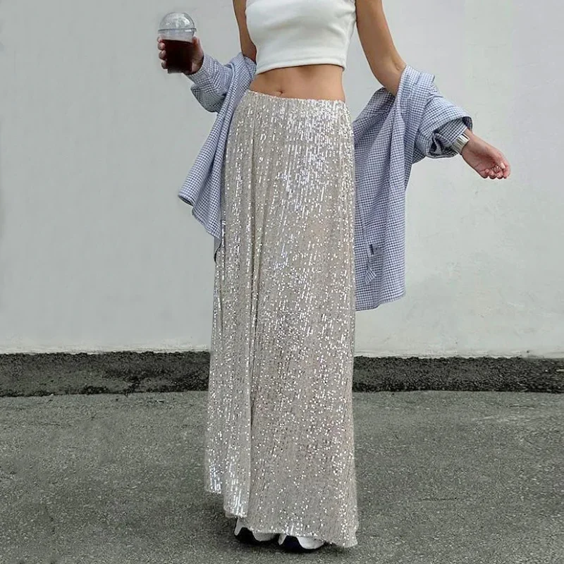 Sequin Skirts For Women Fashion 2023 Glitter Night Club Party Long Skirt High Waist Maxi Skirts Silver Gold