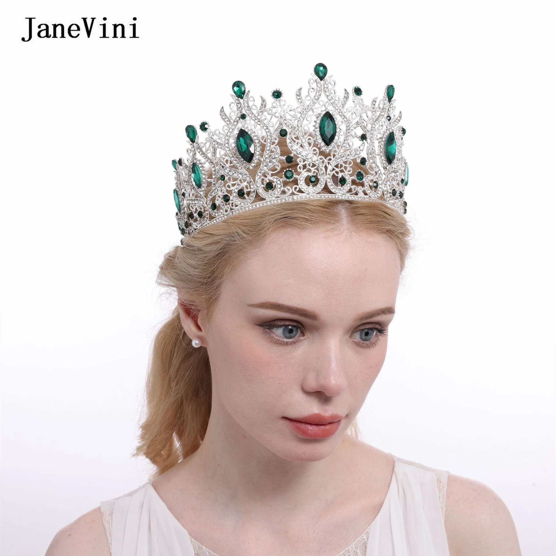 

JaneVini Vintage Baroque Green Crystal Crowns Bridal Tiaras Fashion Princess Pageant Headpiece Wedding Jewelry Hair Accessories