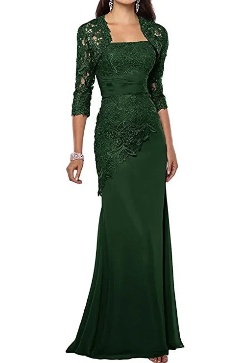 Mother of Bride Dresses Chiffon Lace with Jacket Applique Three Quarter Long Sleeves Mermaid Evening Gowns