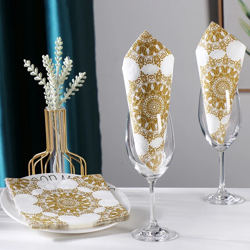 Printed Paper Napkins Gold Wedding Pure Wood Pulp Hotel Party 20pcs/pac 33cm