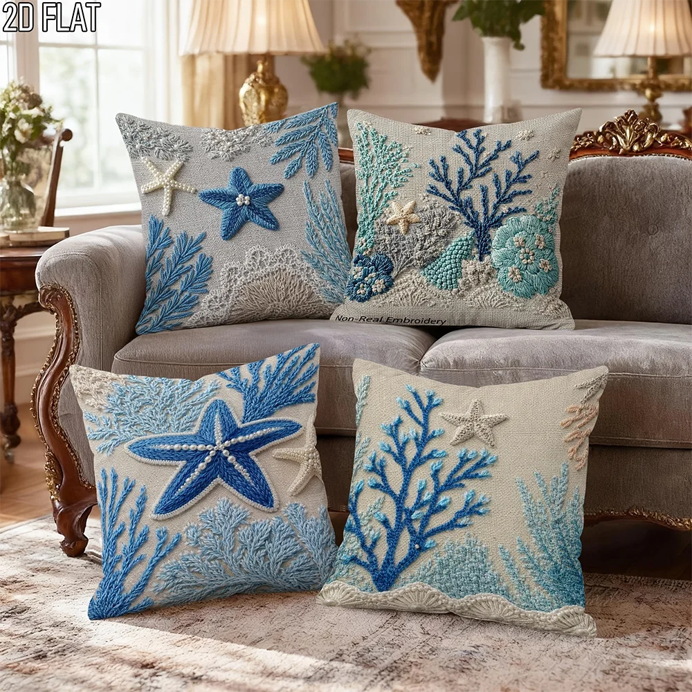 1/4pcs Coastal Ocean Themed Throw Pillow Covers, Starfish Coral Beach Style Cushion Cases for Home Decor 4