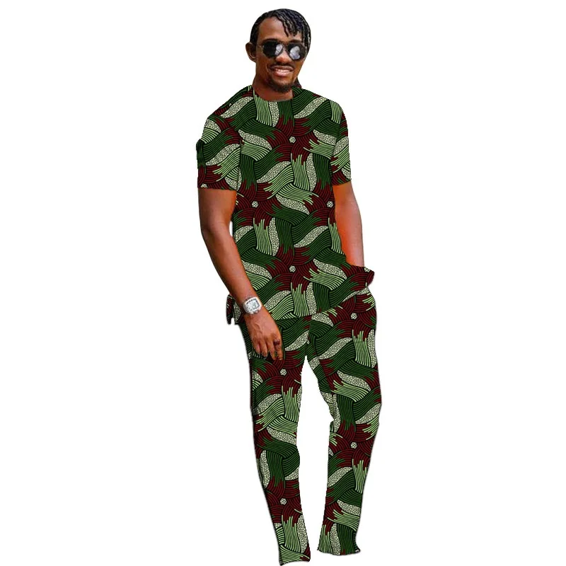 Summer African Clothes Men Set Nigerian Style Tops With Pant Groom Suit Male Traditional Ankara Outfit