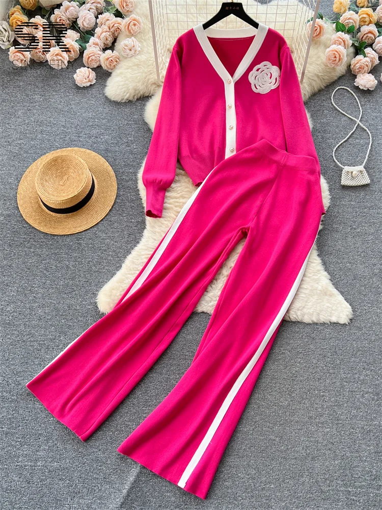 SINGREINY OL Floral Two Piece Knit Set Women Long Sleeve Fashion Cardigan Elastic Waist Casual Winter Sweater Long Pants Suit 2