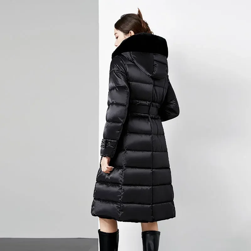 Long down jacket, knee length, fashionable otter rabbit fur collar, 90 white duck down, women's winter coat, women's thickened