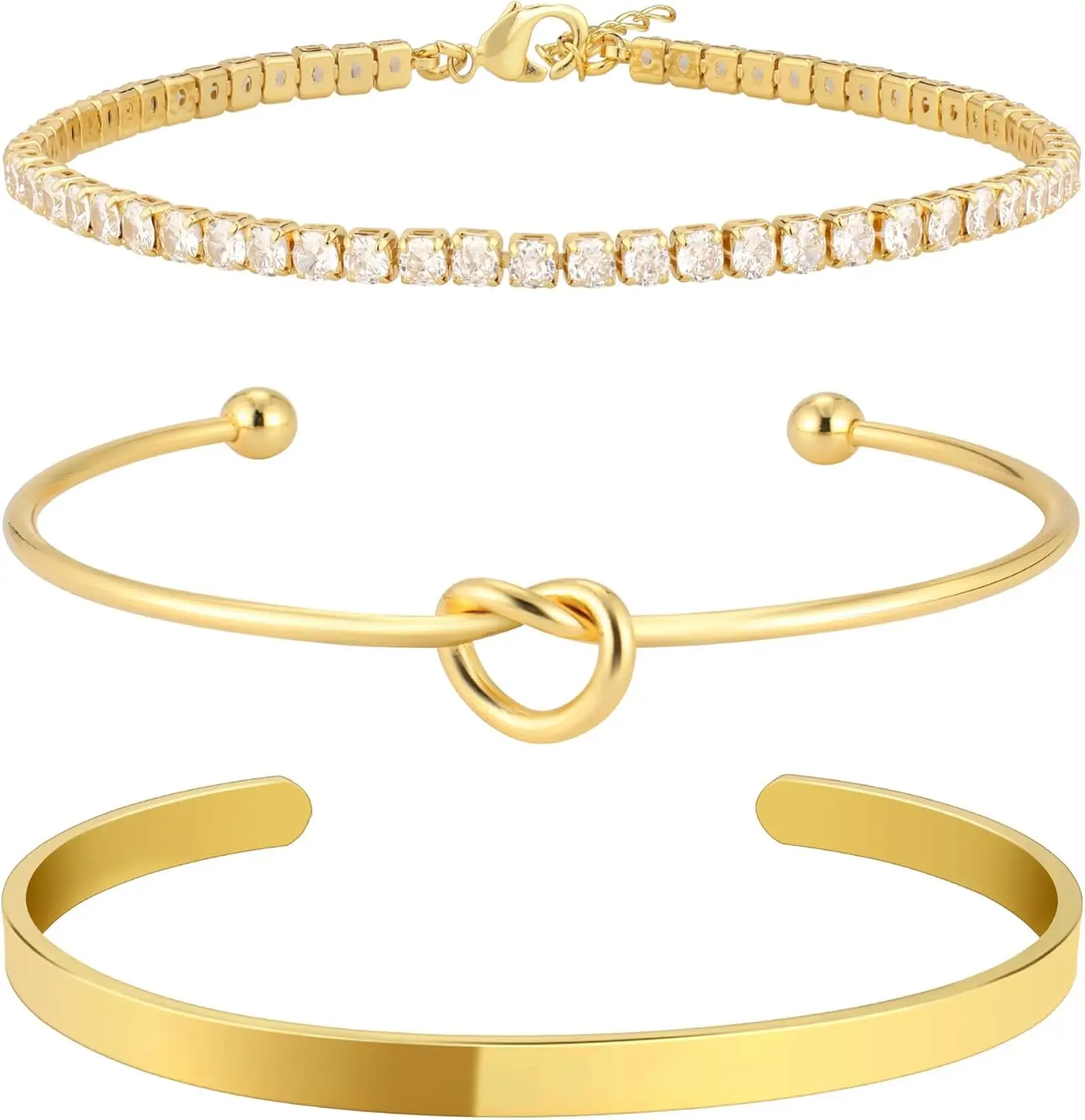 Gold-Armreif, Manschettenknoten-Armband für Damen, stapelbar, wasserdicht, 14 Karat vergoldet, zierliche Zirkonia, Tennis-Armbänder, Schmuckset