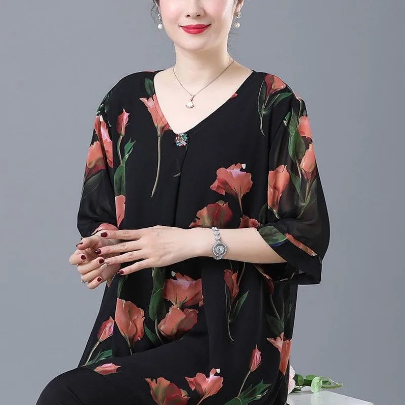 Temperament Mid Sleeved Printed V-neck Summer Women's Fashion Versatile Loose Fitting Mid Length Pullover Chiffon Shirt Tops