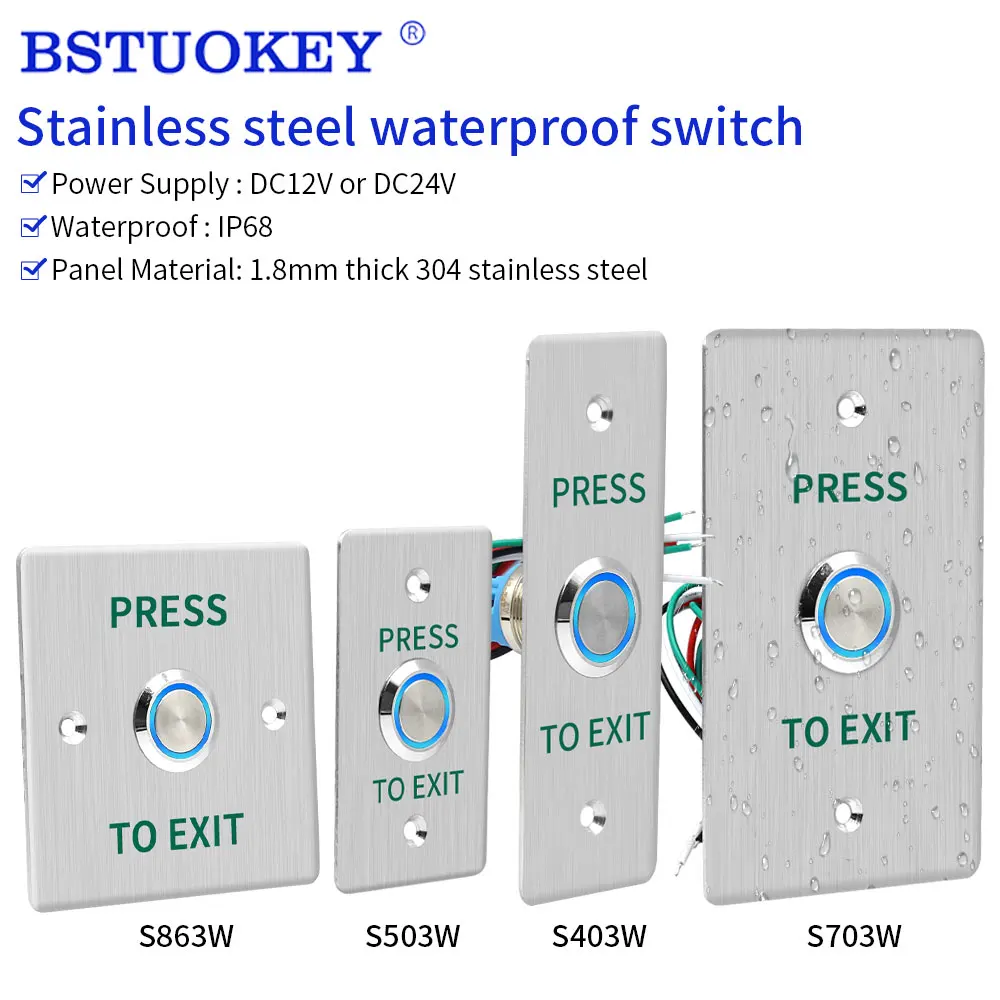 Bouton de sortie pour système de contrôle d'accès aux portes, étanche IP68, carré NC NO COM, en acier inoxydable