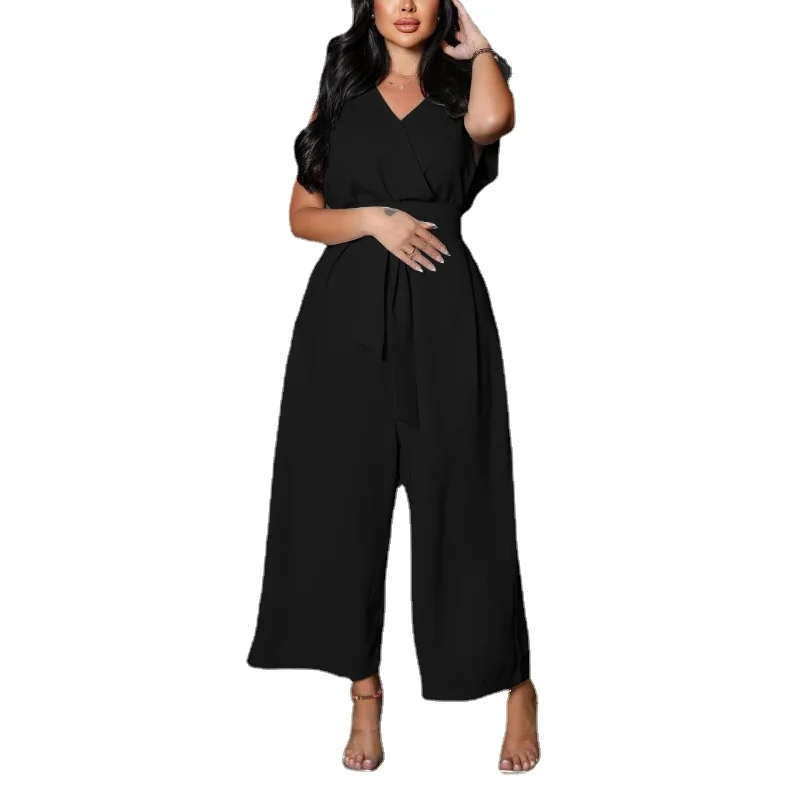 

Summer One Piece Outfits Women V Neck Lace Up Sleeveless Wide Leg Jumpsuits Elegant Basic Office Lady Rompers Overall 2023