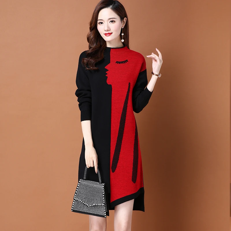 

Half Turtleneck Sweater Dress Women Fashion Loose Stitching Knit Sweater Female Autumn Winter New Length Thick Wool Bottom Shirt