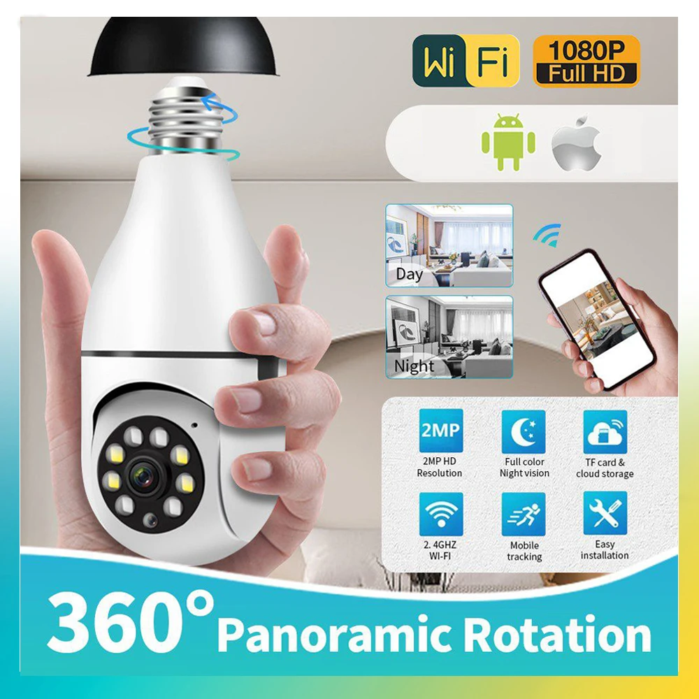 2.4Gwifi Lampadina Telecamera Di Sorveglianza Visione Notturna Full Color Automatic Human Tracking Zoom Telecamera Per Monitor Di Sicurezza Interna