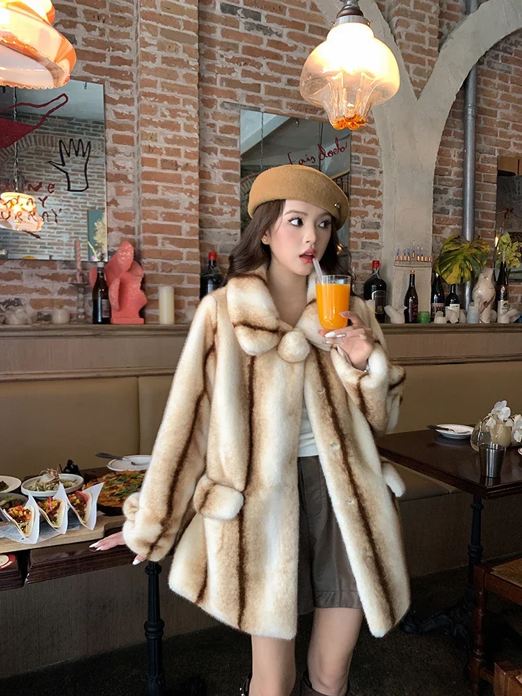 Mink Fur Coat for Women Long Eco Faux Fur Coat Korean Loose Thick Stripe Fluffy Jacket Female Overcoat Winter Clothes 2023