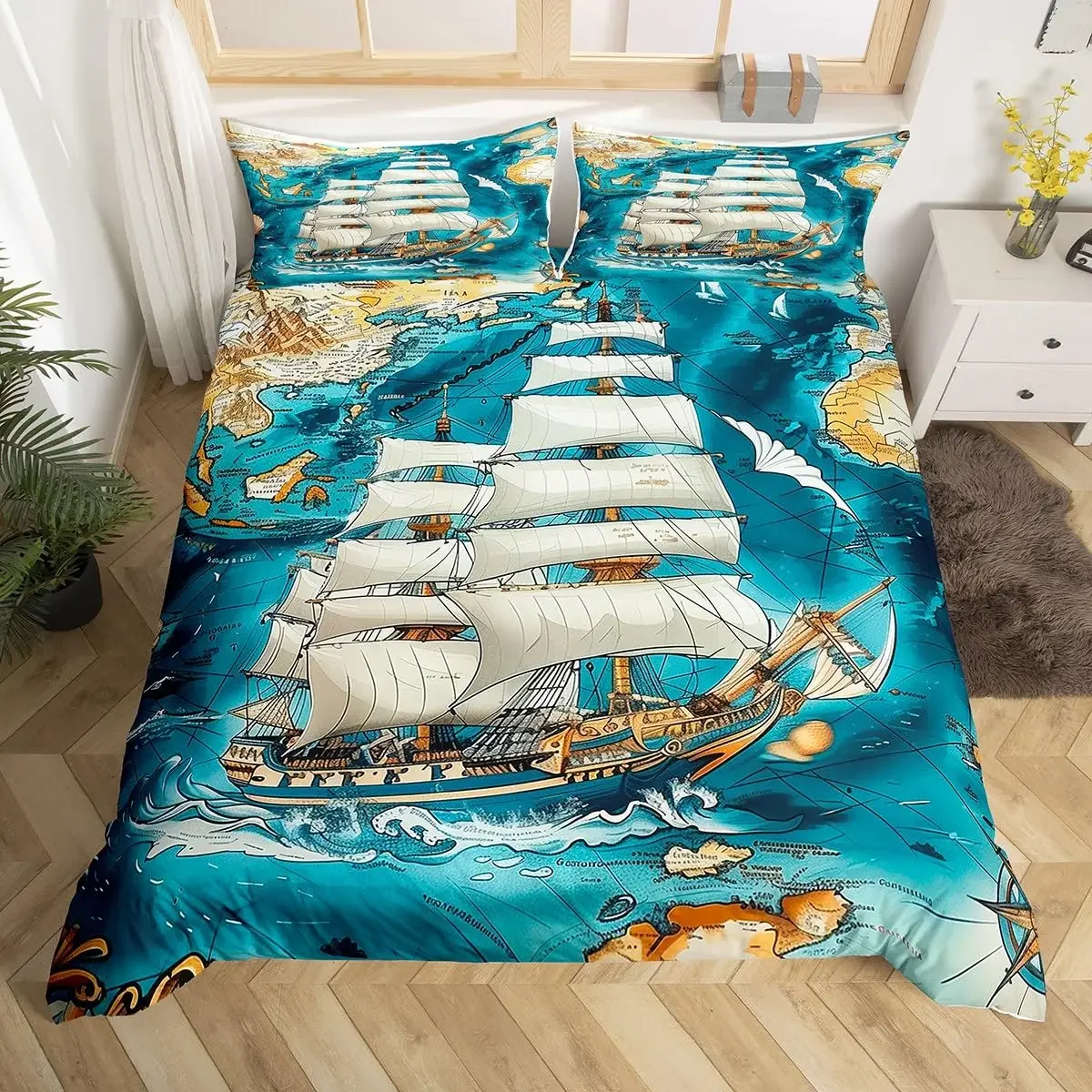 Sailboat Bedding Set Sailing Ship Comforter Cover Ocean Wave Nautical Duvet Cover For Kids Boys Girls Cartoon Ship