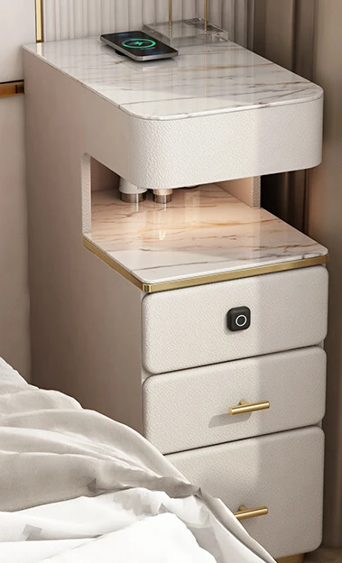 Bedside table cream colored French light luxury high-end artistic rock panel glass intelligent master bedroom