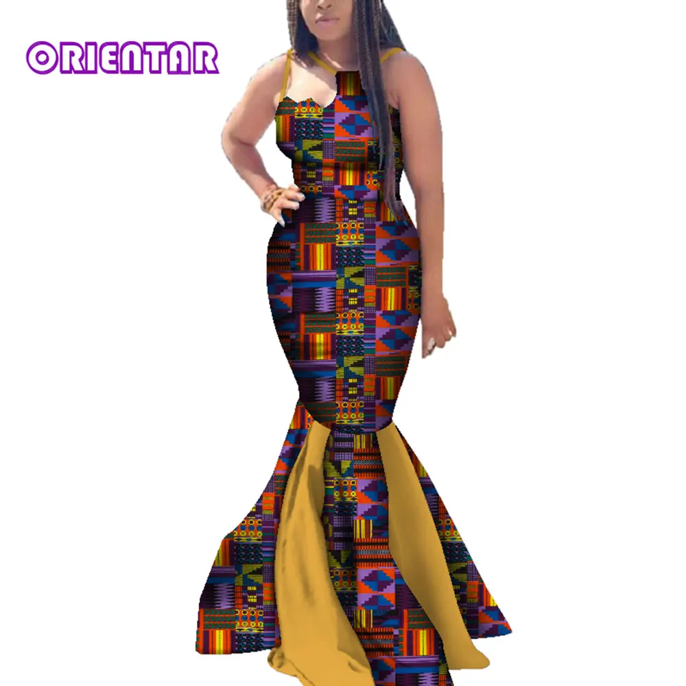 Women African Maxi Dress Batik Wax Print Bodycon Ankara Dresses Lady Strap Evening Dress Long Mermaid Dress WY3669