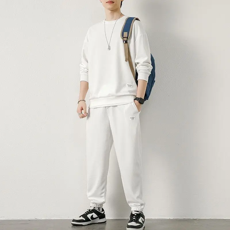 Autumn Winter Round Neck Waffle Loose Casual Sweatshirt Elastic Waist Sweatpants Suit Male Solid Color Pants Set Men's Clothing