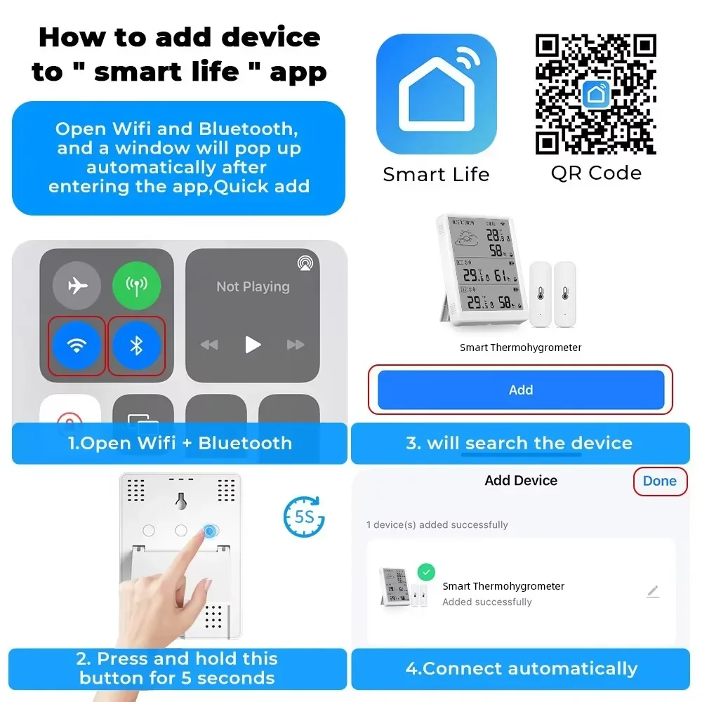 Tuya Smart Digital Indoor/Outdoor Forecast Hygrometer Temperature Sensor with Tu