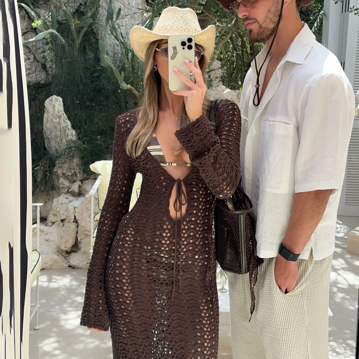Sexy Bikini Cover Up Lace Hollow Crochet Swimsuit Beach Dress Women 2025 Summer Cover-Ups Coffee Bathing Suit Beach Wear Tunic 1