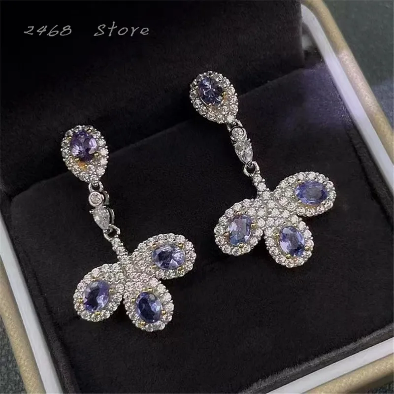 

New Fashion 925 Silver Seiko Inlaid Natural Tanzanite Earrings, Simple and Cute, Wedding Accessories, Customizable