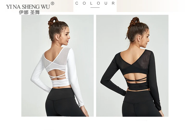 Sexy Yoga Top mit Gebaut In Bh Schnell Trockenen Ernte Top Workout Shirts Weiß Langarm Sport Top Mesh Splice fitness Yoga Hemd – Detail 5