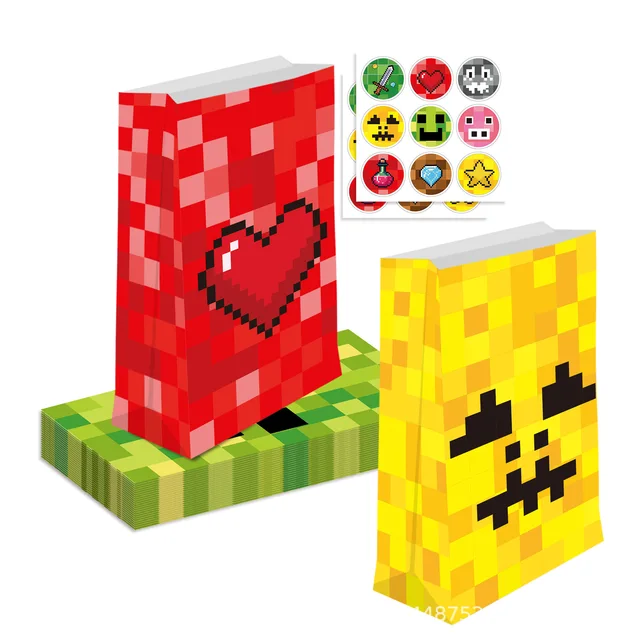 Sac en papier kraft mosaïque pixel jeu, sac à bonbons, sacs cadeaux, sacs en papier, ensemble d'autocollants, sacs à gâteaux, 12 pièces 3