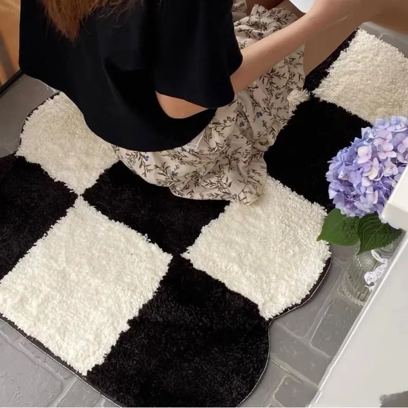 Tufting Checkerboard Carpet for Bedroom Decor Retro Fluffy Bedside Area Rug Washroom Foot Mat Living Room Coffee Table Home Rugs