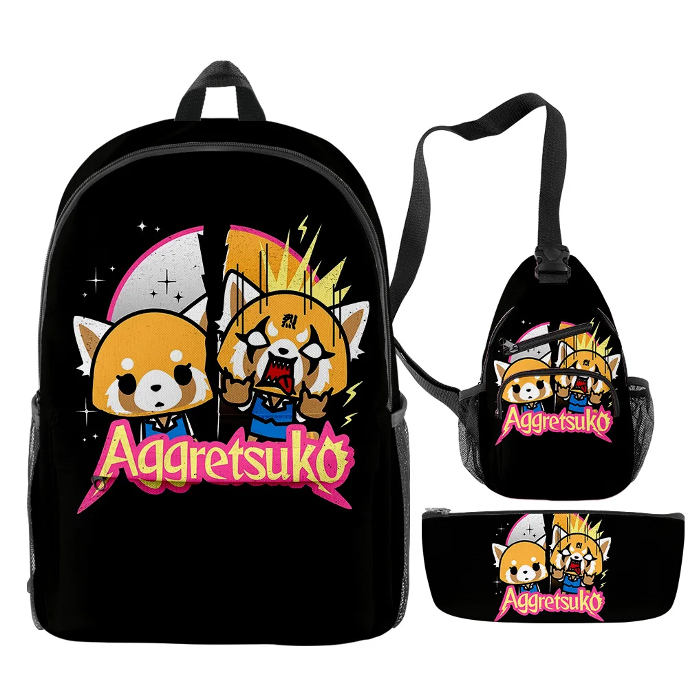 

Hip Hop Popular Funny Aggretsuko 3D Print 3pcs/Set pupil School Bags Travel Laptop Backpack Chest Bag Pencil Case