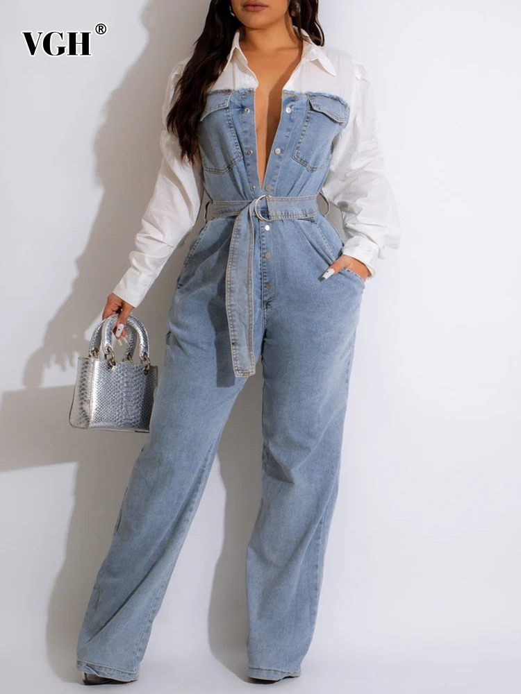 

VGH Spliced Belt Denim Jumpsuits For Women Lapel Long Sleeve High Waist Single Breasted Casual Loose Jumpsuit Female Clothing