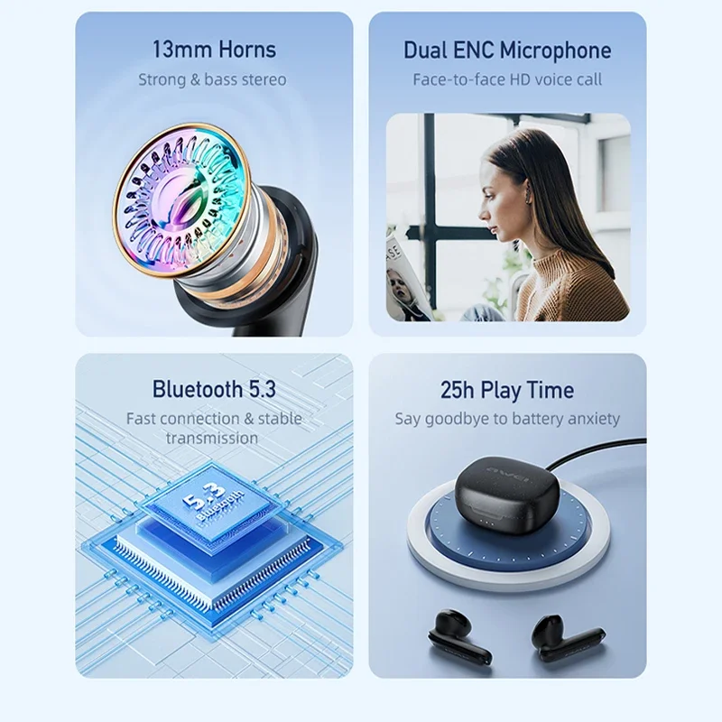 Bluetooth Headphones Awei T66 Earphone Bluetooth 5.3 Earbuds Stereo Sports Wireless ENC TWS With Dual HD Mic