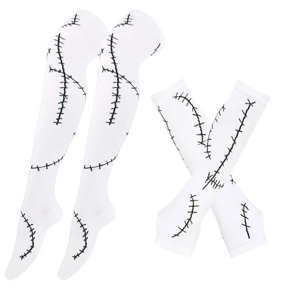 Damen Oberschenkelhohe Strümpfe Sally Fäustlinge Armmanschette Handschuhe Set Damen Schwarz Weiß Lange Overknee-Socken Lolita Halloween – Detail 5
