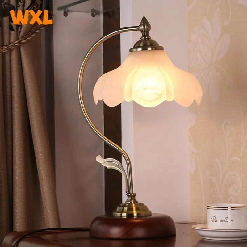 Retro Rustic Table Lamp Vintage Lotus Glass Lampshade Handmade Wooden Base  Antique Cute Desk Lamp For Bedroom Bedside Nightstand - Table Lamps -  AliExpress