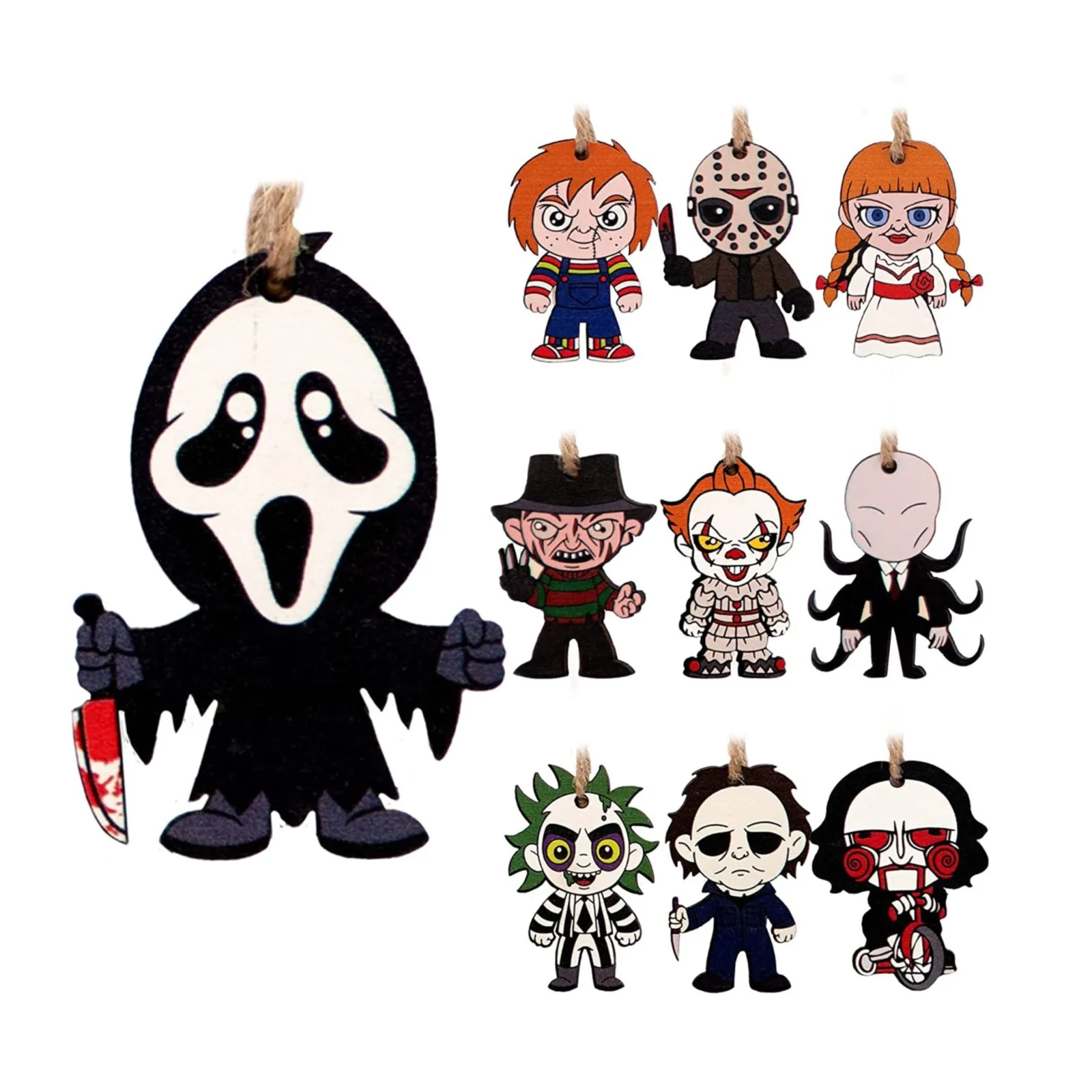 

Halloween Decor Horror Hanging Ornaments Wooden Horror Movie Characters For Halloween/Xmas Trees Scary Hallo Party Decorations