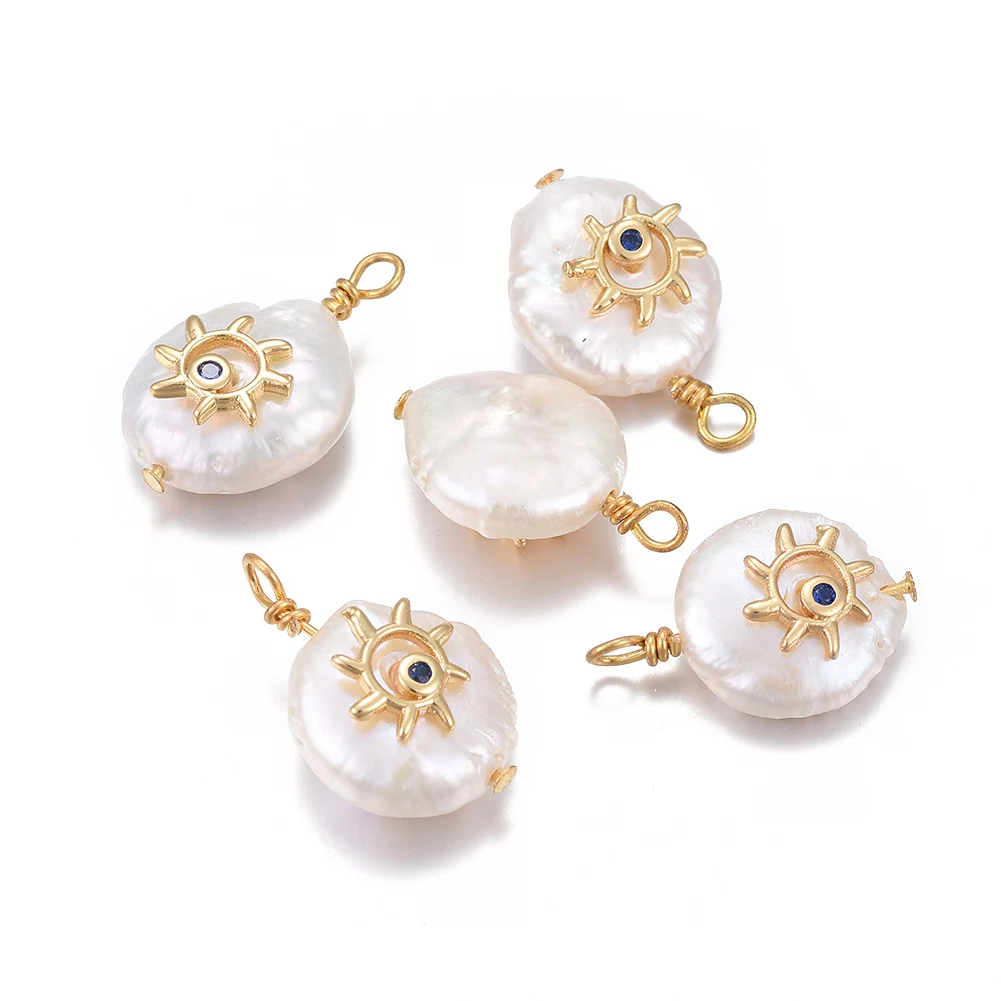 10pcs Natural Cultured Freshwater Pearl Pendant With Brass Micro Pave Cubic Zirconia Findings Nugget With Sun For Jewelry Making