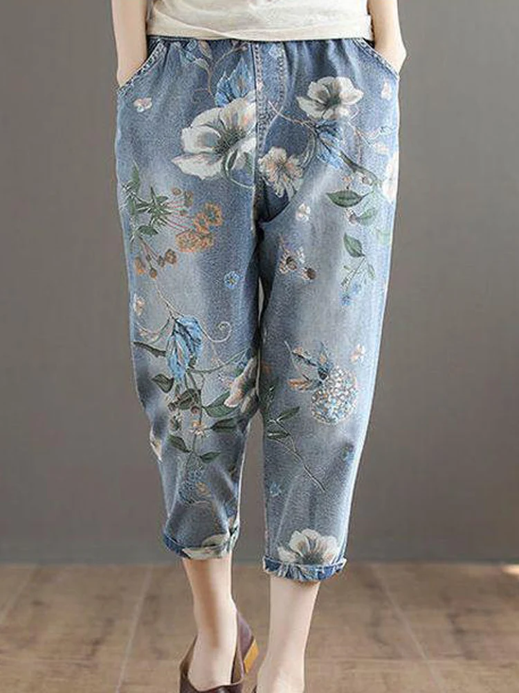 Ethnic Style Woman Summer Fashion Printed Flower Jeans Harem Pants 2023