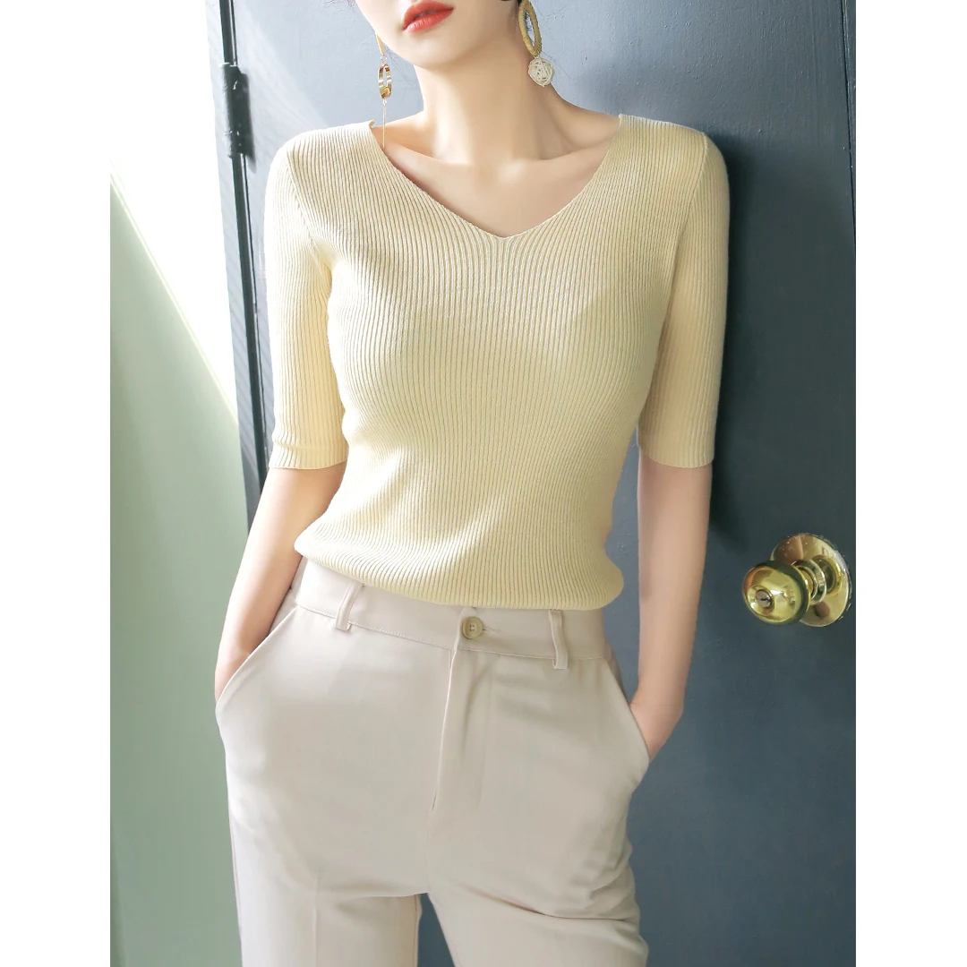 Mularsa 하프 슬리브 바닥 셔츠 스웨터 여성 의류 여름 2023 새로운 V-neck 슬림 핏 하프 슬리브 니트 탑