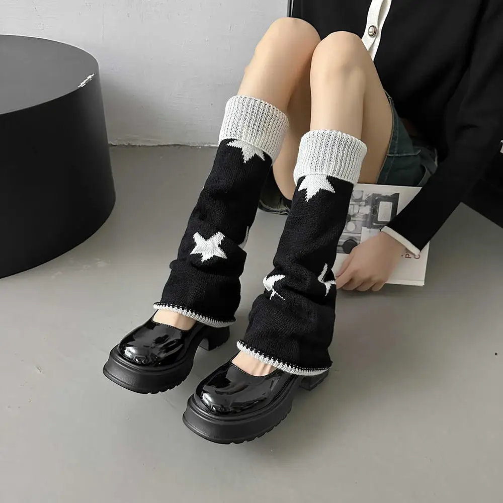 Harajuku Star Knitted Leg Warmers Women Warm Knee Bands Winter Leg Protection Japanese Girls Y2K Socks Boots Shinguard Covers Leg Warmers