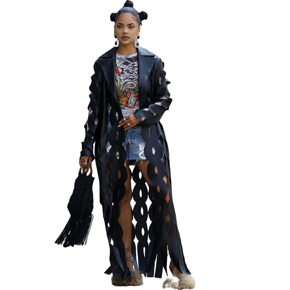 

Womens 2023 New Fall Winter Loose Open Front Drape Maxi Cardigan Lightweight Duster Faux PU Burn Out Hollow Holes Cardigans