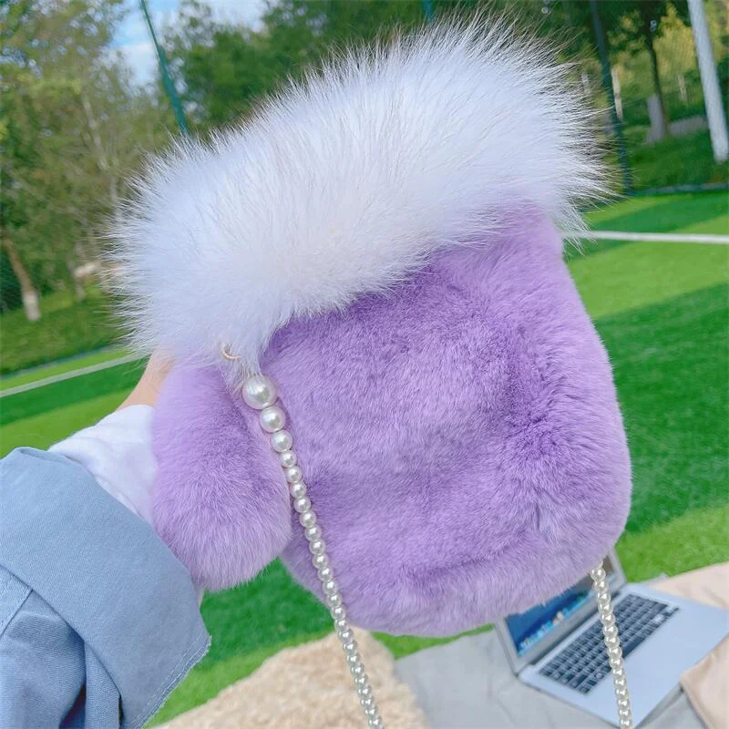 Fall Fashion Mobile Phone Bag Designer High-Grade Natural Rex Rabbit Fur Ladies Large Capacity Shoulder Purse Luxury Fur Bag