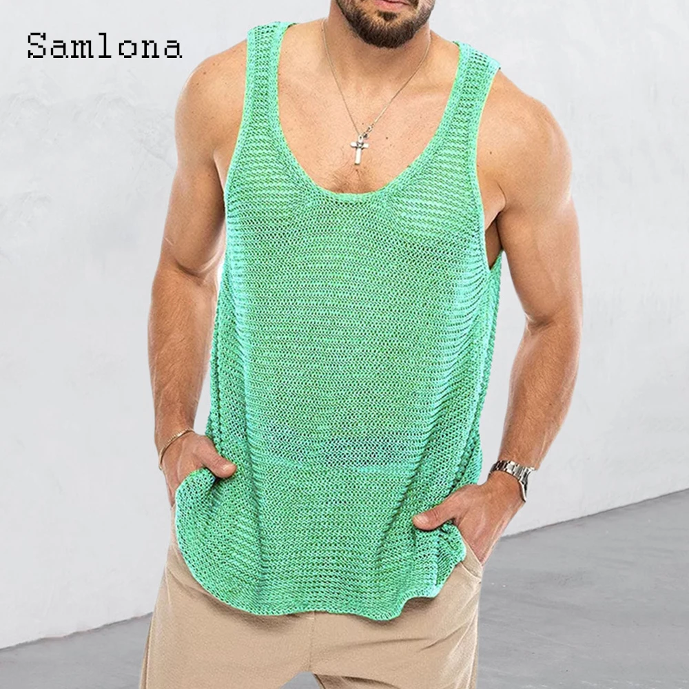 

Samlona Plus Size Men Latest Casual Tank Tops Mens Streetwear 2022 Summer Knitted Vest Men's Sleeveless Hollow Out Tshirt