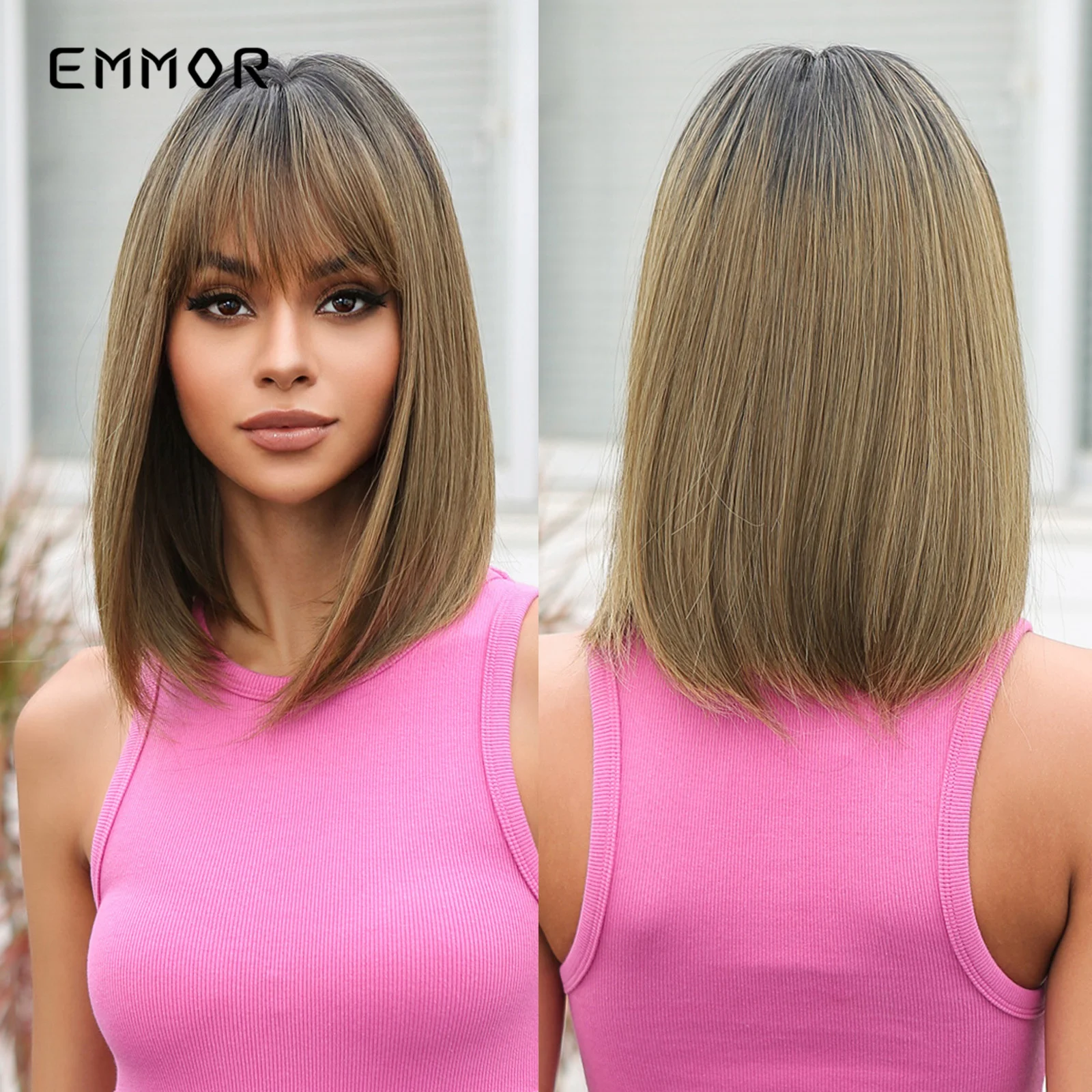 

Emmor Short Straight Synthetic Wigs for Women Black to Brown Bob Wigs with Bangs Daily Cosplay Party Heat Resistant Fake Hair