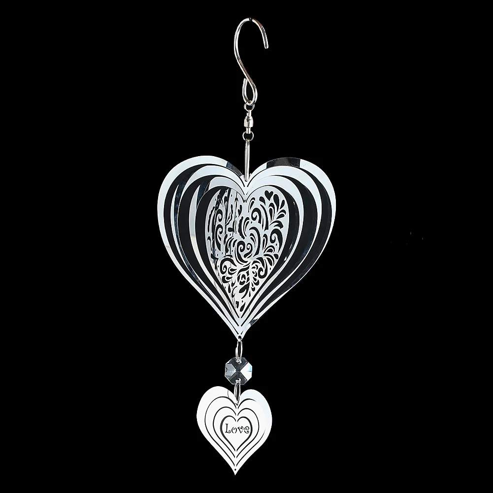 Heart Kinetic Wind Spinner Stainless Steel Wind Chimes Catcher Mirror 3D Flowing Effect Outdoor Yard Hanging Decor Rotate Hook
