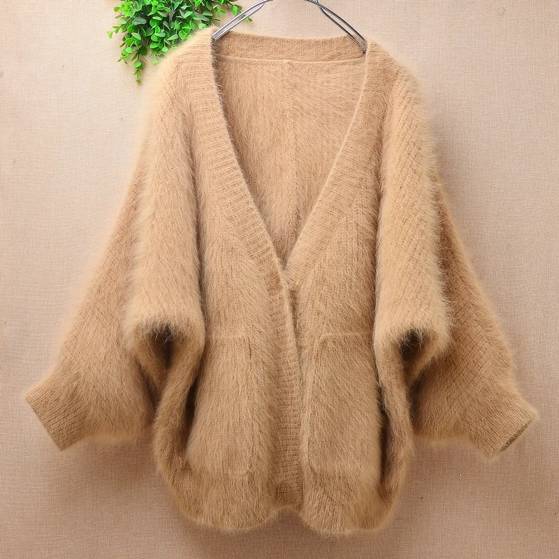 

04 Female Women Fall Winter Clothing Hairy Plush Mink Cashmere Knitted Long Batwing Sleeve V-Neck Loose Cardigans Jacket Sweater