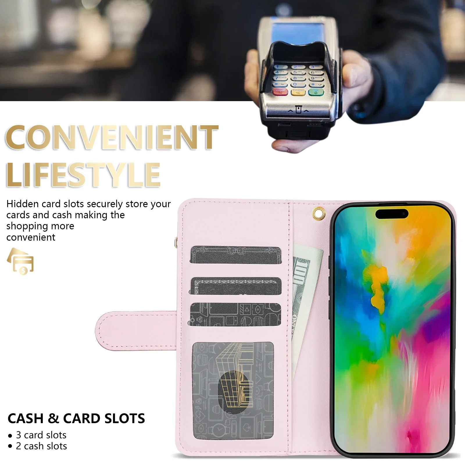 Compact Leather Wallet Case with Zipper Card Slot and Magnetic Flip Stand Feature
