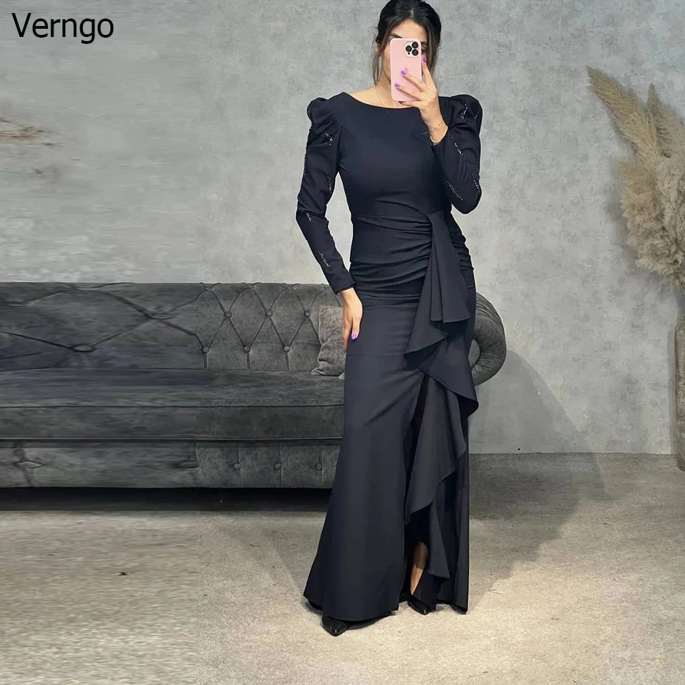 

Verngo Dubai Arabic Black Mermaid Prom Dress O-neck Long Sleeves Evening Party Gowns Satin Formal Occasion Dress Robes De Soirée