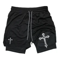 Cross Print 2 in 1 Workout Running Shorts for Men Christian Gym Athletic Shorts with Compression Liner Phone Pocket Towel Loop 1