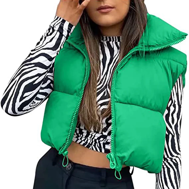 Tank Top Warm Coat Jacket Winter Puffy Vest Women Zip Up Stand Collar Fashion Y2k Padded Cropped Puffer Quilted Vest Sleeveless
