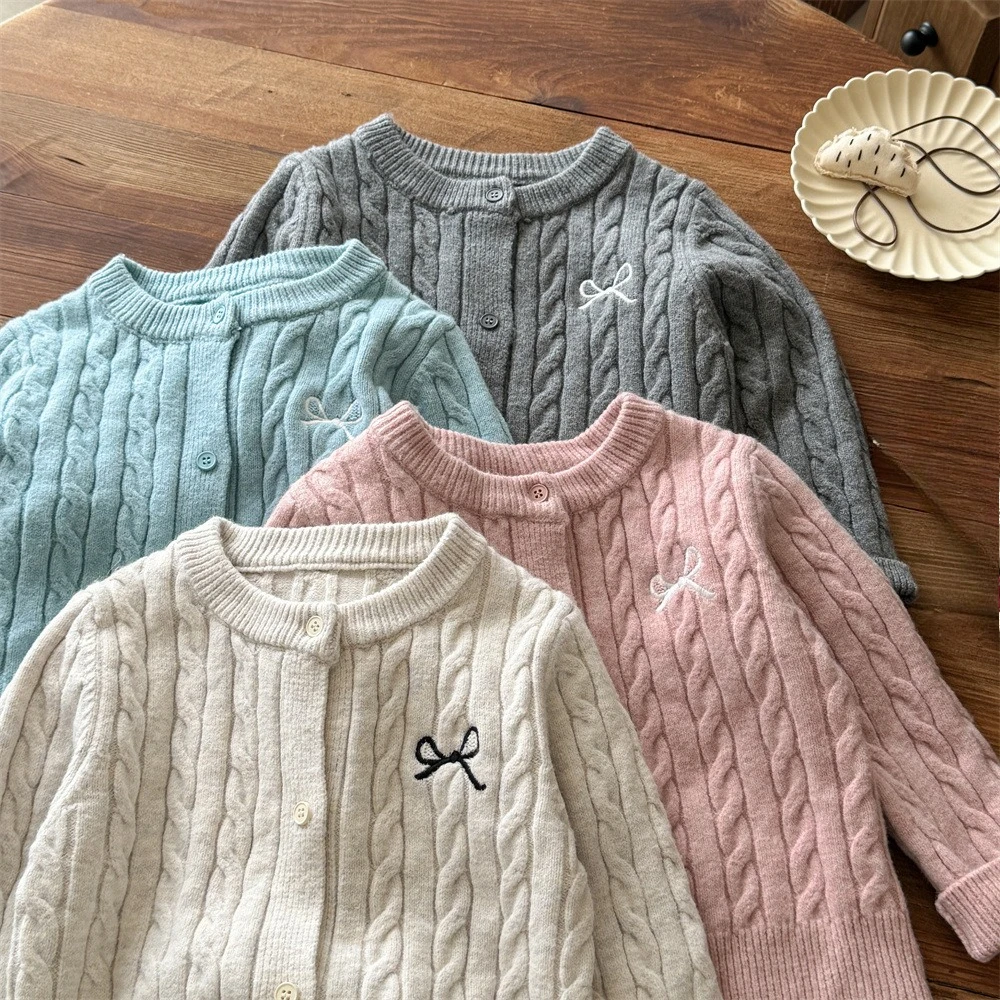  소녀 가을 겨울 스웨터 키즈 보우 매듭 가디건 솔리드 컬러 니트 스웨터 봄 어린이 패션 의류