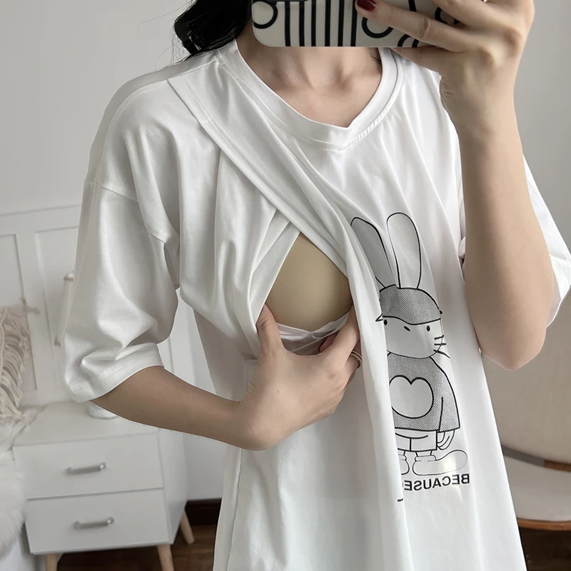 

Breastfeeding Shirts Tops Cute Bunny Medium Length T-shirt For Nursing Mother Wear Pregnant Women Cute Maternity Clothes 6045B