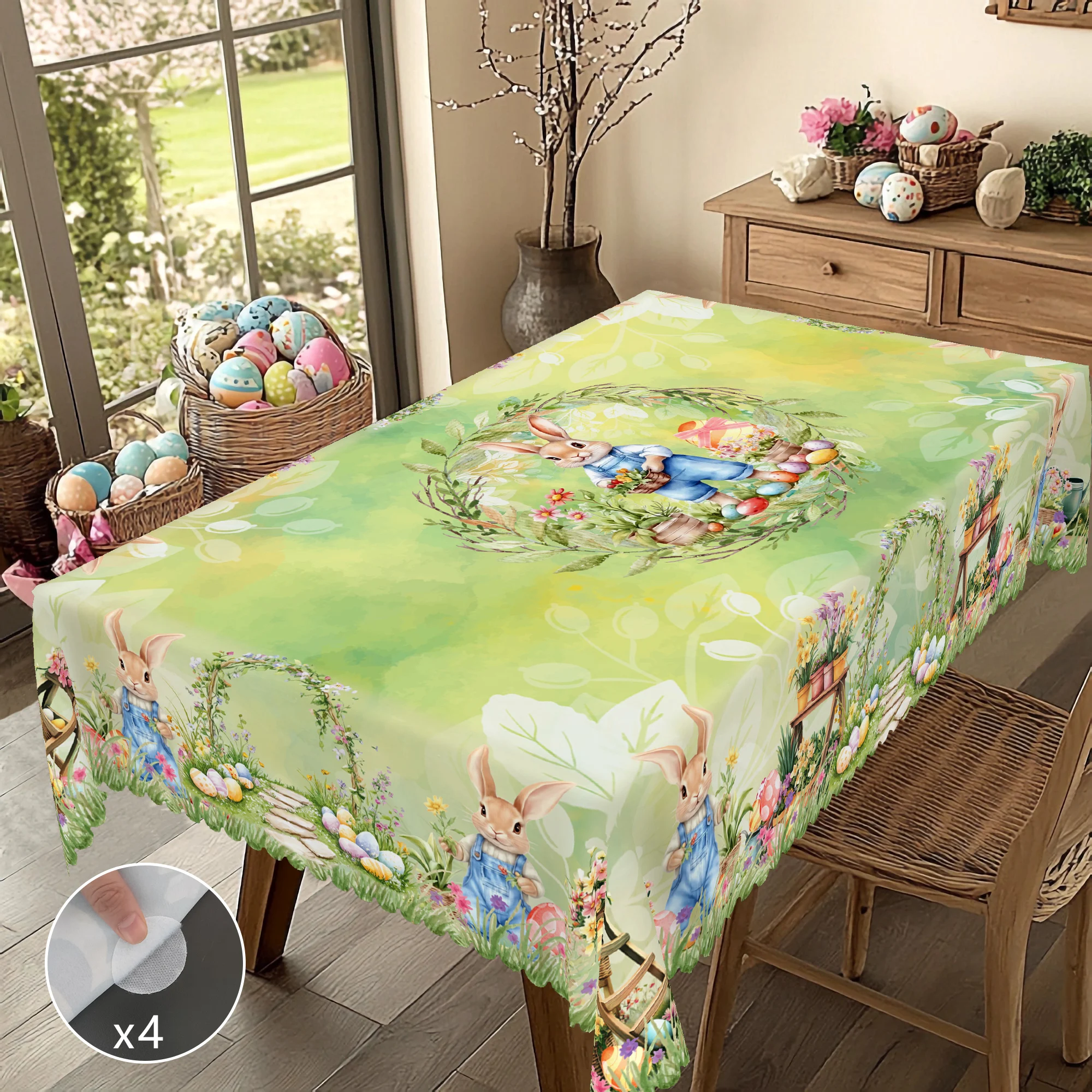 1 Easter Round Tablecloth, 5 Sizes Available, Retro Style Garden Easter Bunny Egg Print Tablecloth, Edge Embossing Process, Spring Garden Tablecloth Decoration, Tablecloth for Daily Home Kitchen, Terrace Use, Easter Decoration 4